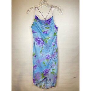 VTG Y2K Rampage Medium Teal Blue Purple Floral Mesh Flowy Ruffle Glitter Dress